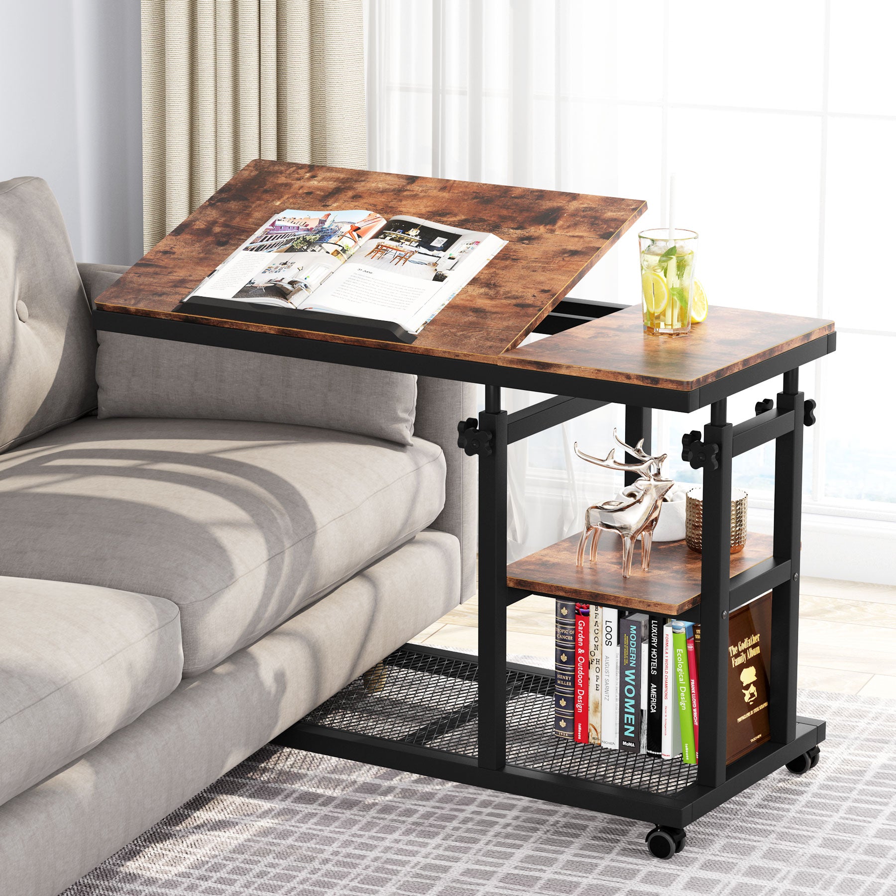 Height Adjustable C Side Table with Rolling Wheels